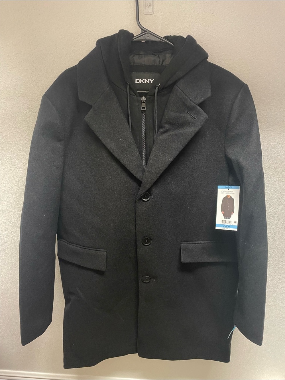 DKNY Wool Blend Peacoat Mens Large Hooded Insert Black New